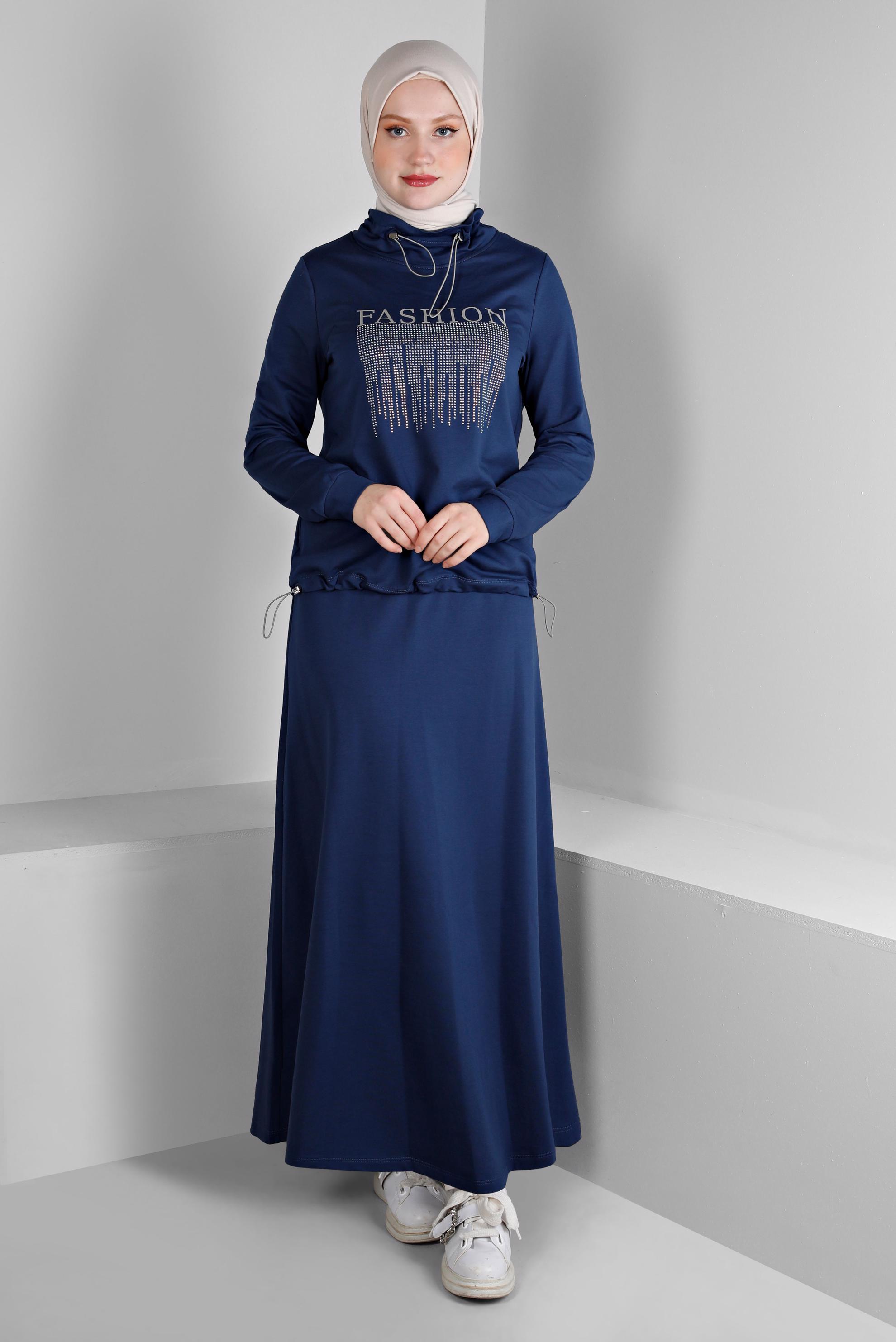 Tesettür giyim LACİVERT BASKI DETAYLI İKİLİ ETEKLİ EŞOFMAN TAKIMI 43388