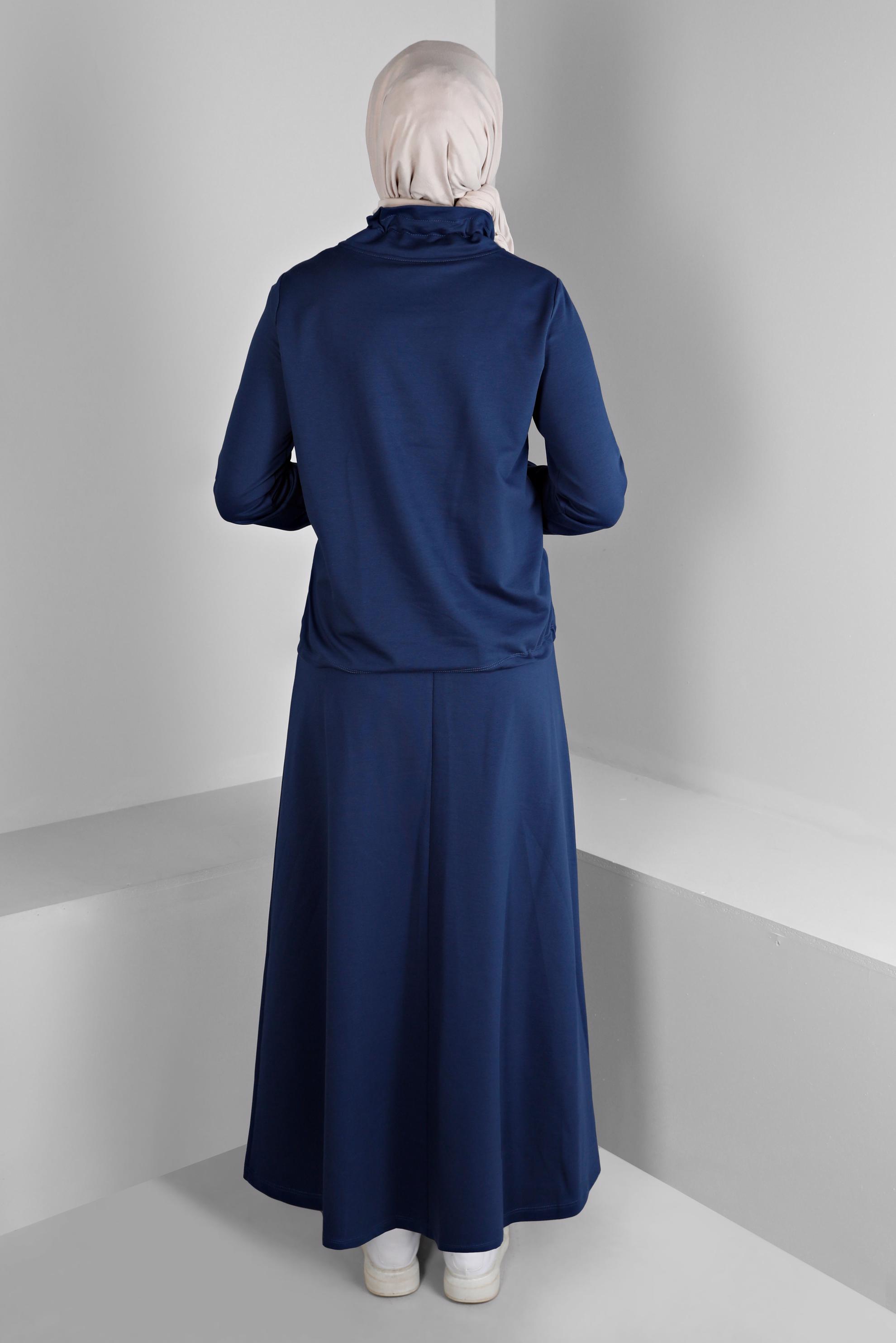 Tesettür giyim LACİVERT BASKI DETAYLI İKİLİ ETEKLİ EŞOFMAN TAKIMI 43388