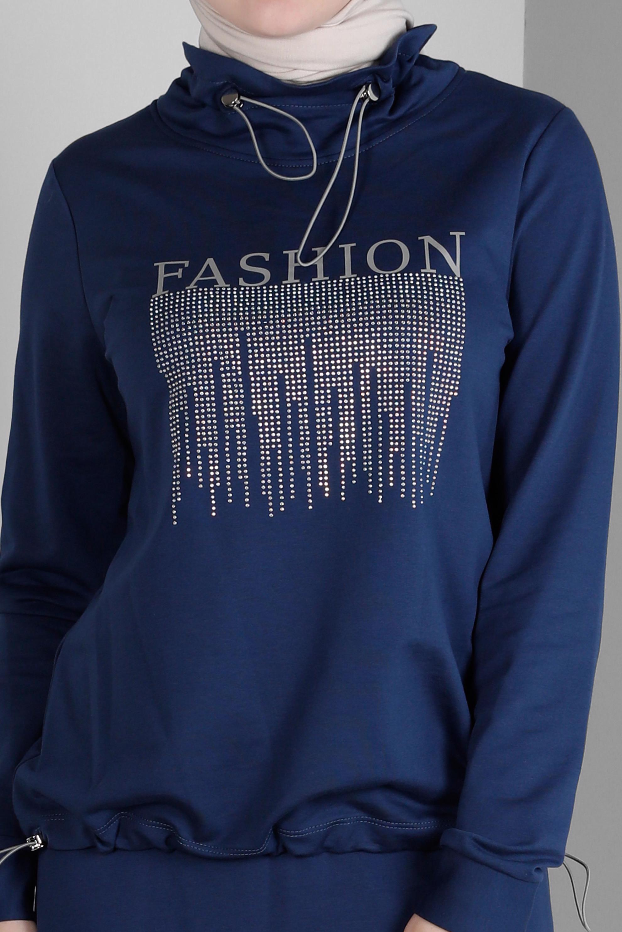 Tesettür giyim LACİVERT BASKI DETAYLI İKİLİ ETEKLİ EŞOFMAN TAKIMI 43388