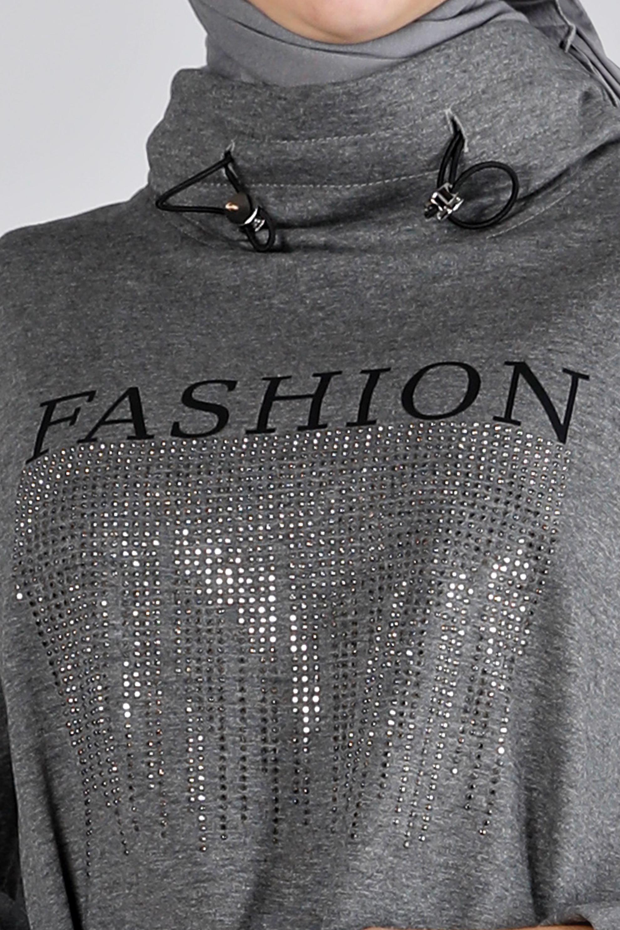 Tesettür giyim GRİ BASKI DETAYLI İKİLİ ETEKLİ EŞOFMAN TAKIMI 43388