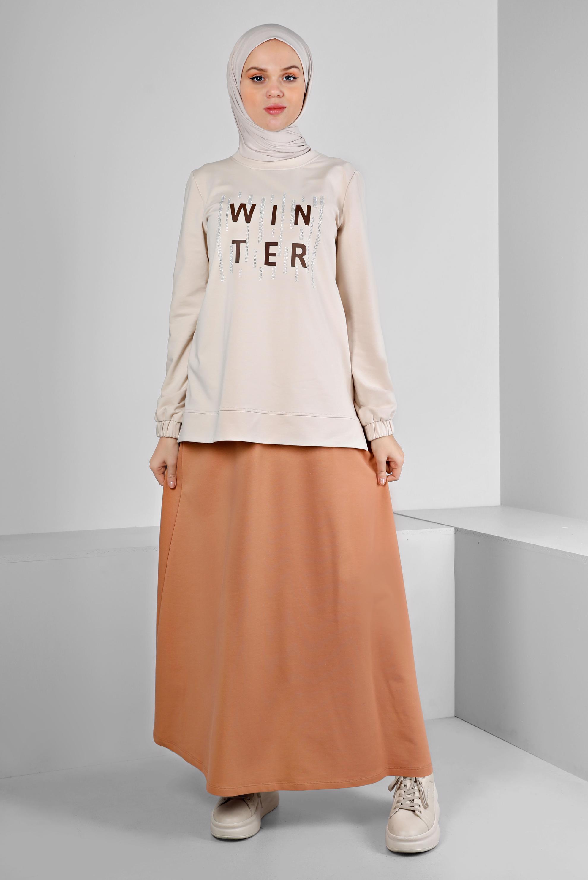 Hijab clothing BEIGE PRINTED SKIRTED SUIT WITH GEM 43389 