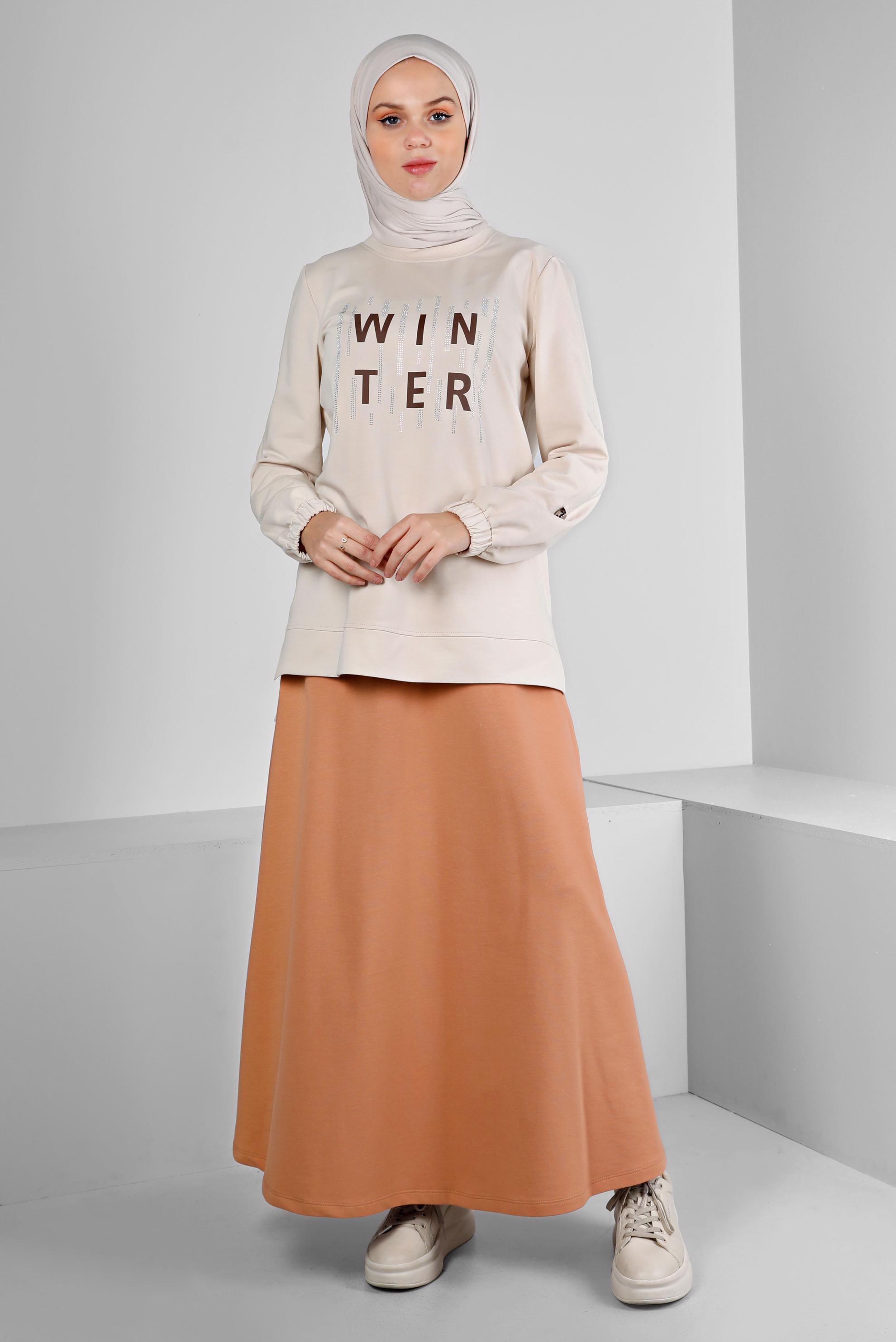 Hijab clothing BEIGE PRINTED SKIRTED SUIT WITH GEM 43389 