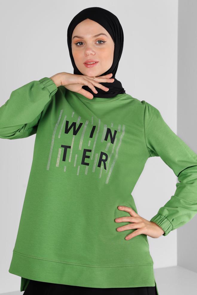 Vêtements hijab VERT ENSEMBLE DE SURVÊTEMENT JUPE DÉTAILLÉE GEMME 43389 - ALVİNA