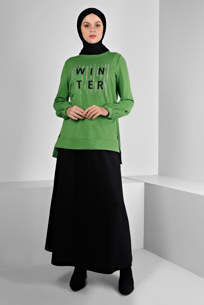 Vêtements hijab VERT ENSEMBLE DE SURVÊTEMENT JUPE DÉTAILLÉE GEMME 43389 - ALVİNA