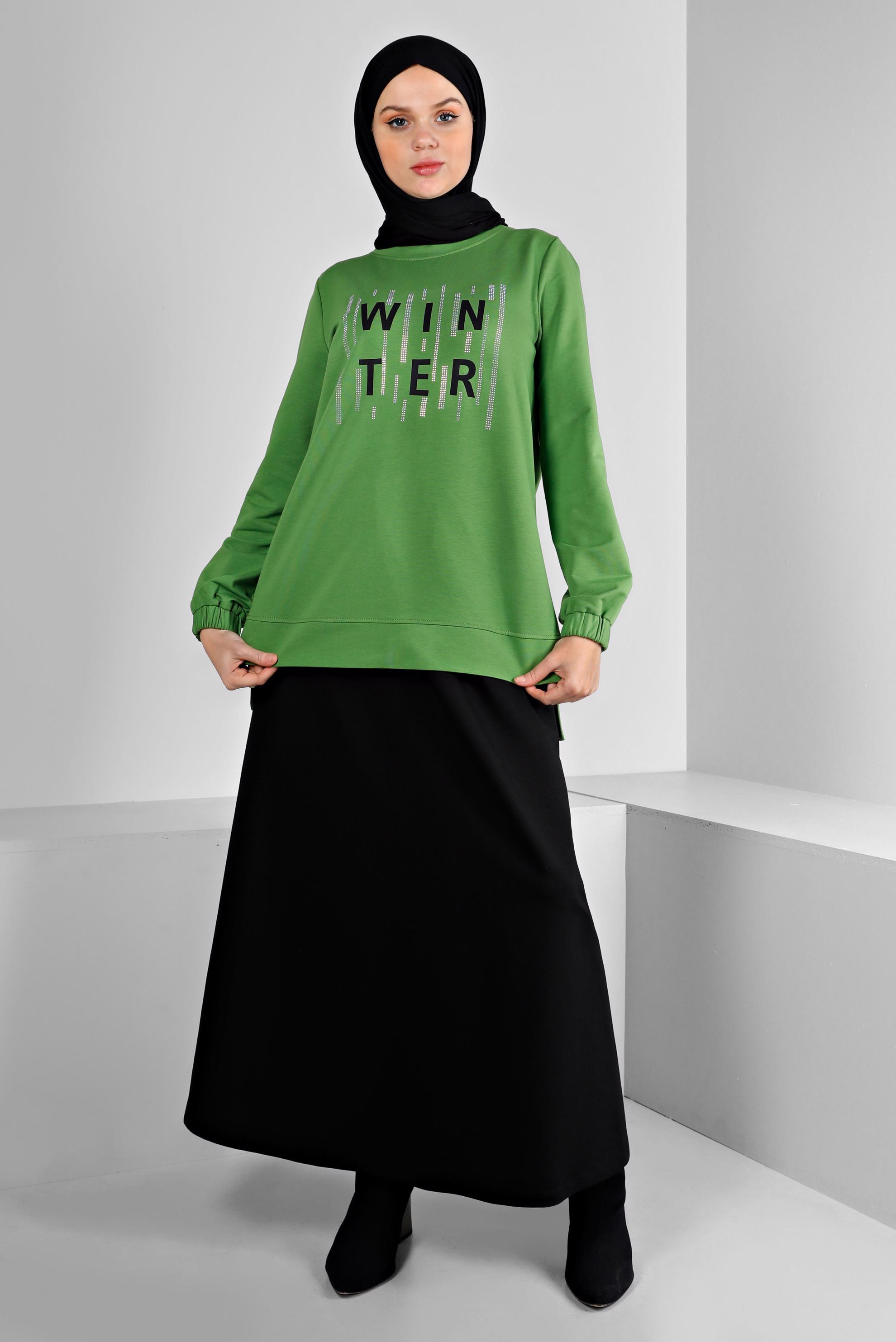 Hijab clothing GREEN PRINTED SKIRTED SUIT WITH GEM 43389 