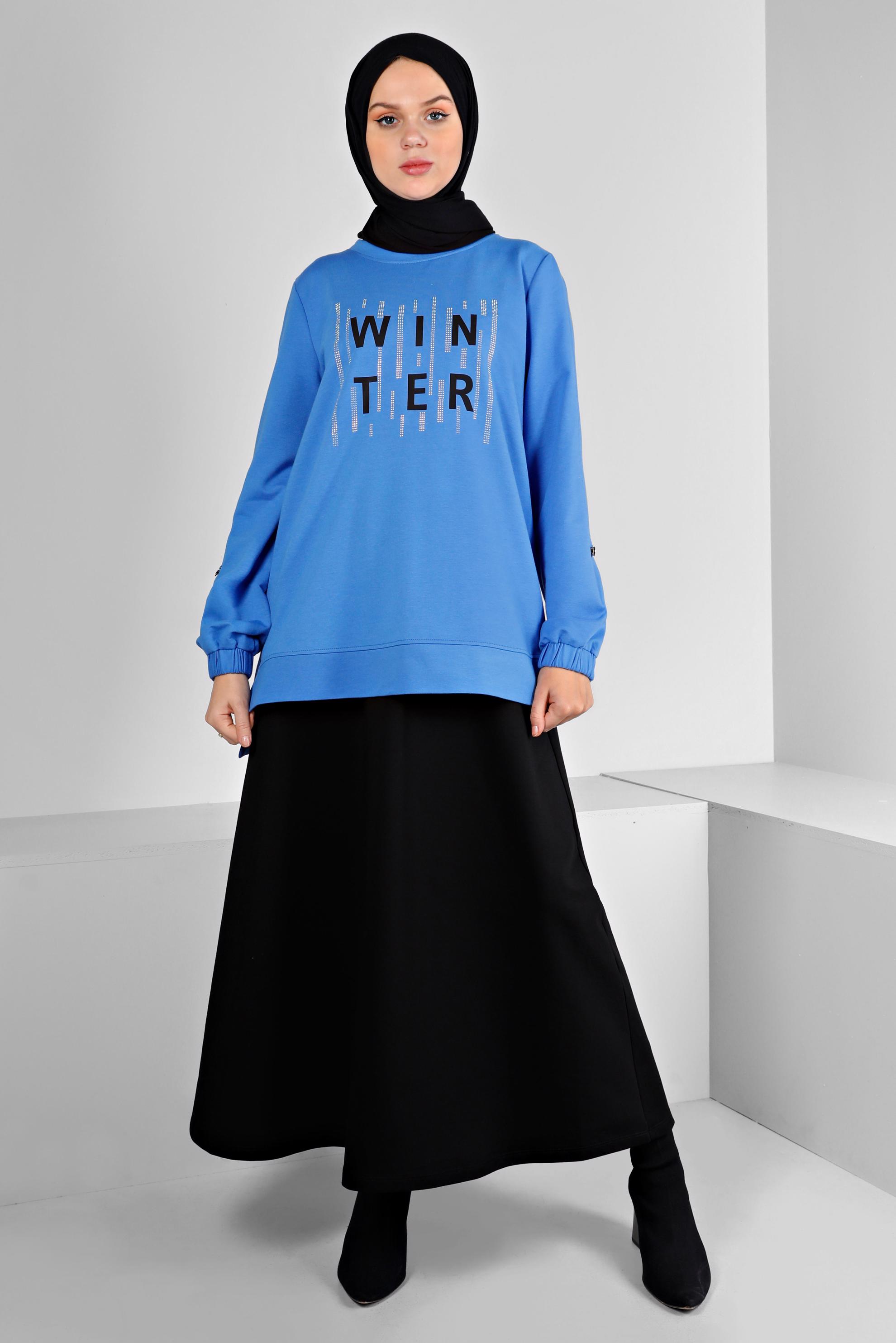 Vêtements hijab BLEU COSTUME JUPE IMPRIMÉ AVEC GEMME 43389