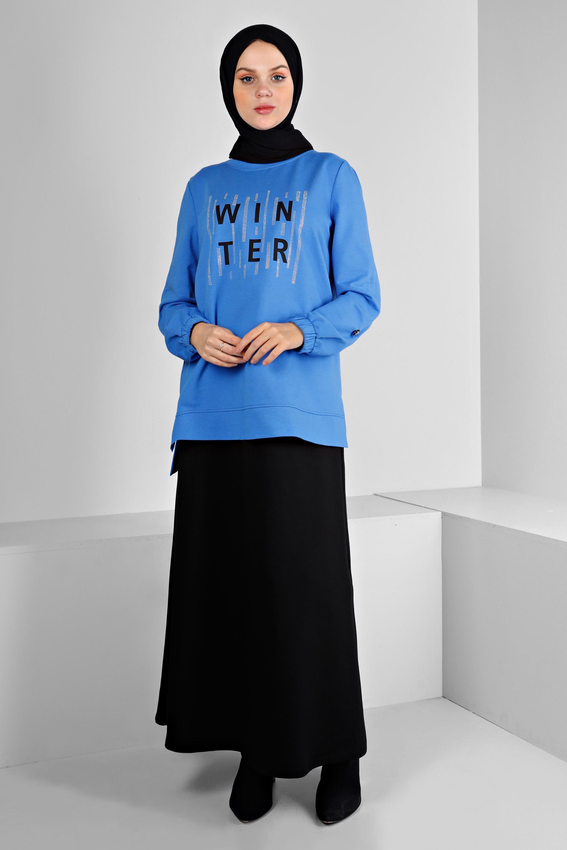 Vêtements hijab BLEU COSTUME JUPE IMPRIMÉ AVEC GEMME 43389