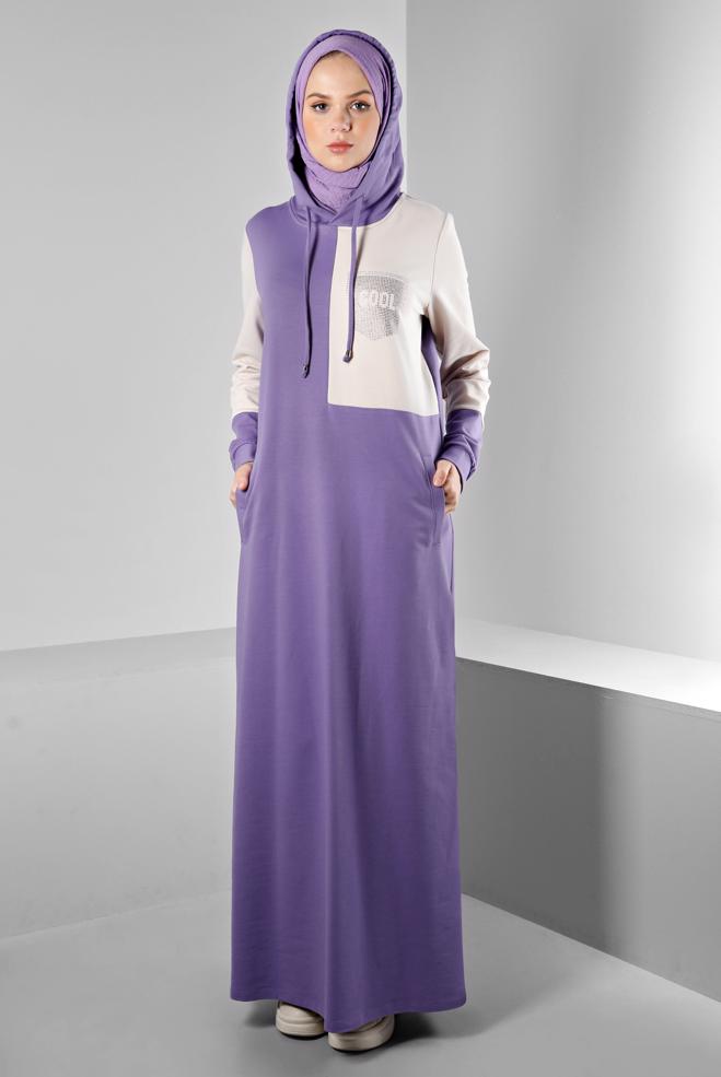 Vêtements hijab POURPRE ROBE DE SURVÊTEMENT À CAPUCHE IMPRIMÉ GEMME 43411 - ALVİNA