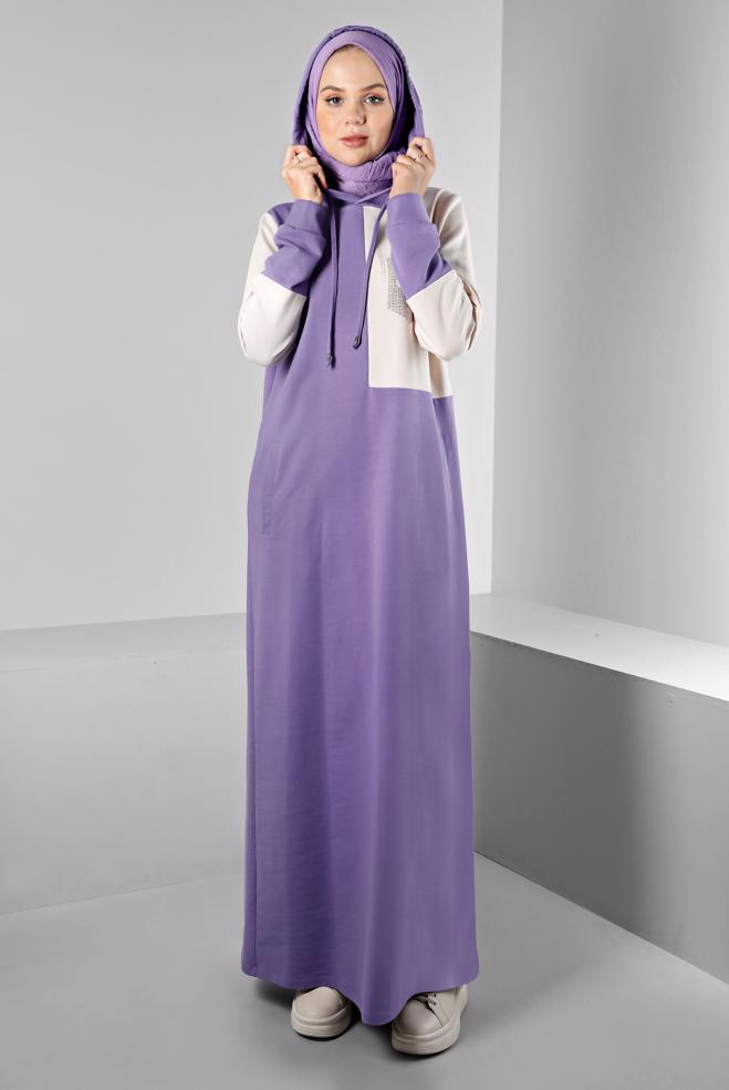 Vêtements hijab POURPRE ROBE DE SURVÊTEMENT À CAPUCHE IMPRIMÉ GEMME 43411 - ALVİNA