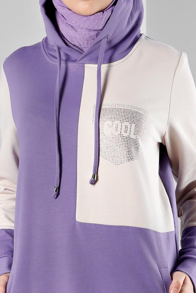 Vêtements hijab POURPRE ROBE DE SURVÊTEMENT À CAPUCHE IMPRIMÉ GEMME 43411 - ALVİNA