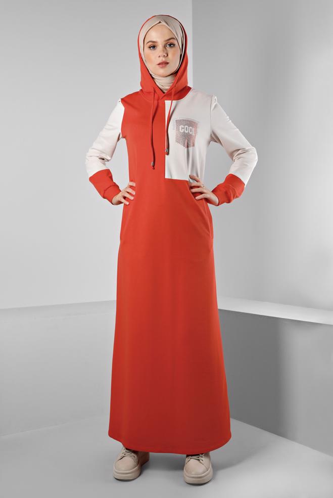 Vêtements hijab ROUGE ROBE DE SURVÊTEMENT À CAPUCHE IMPRIMÉ GEMME 43411 - ALVİNA