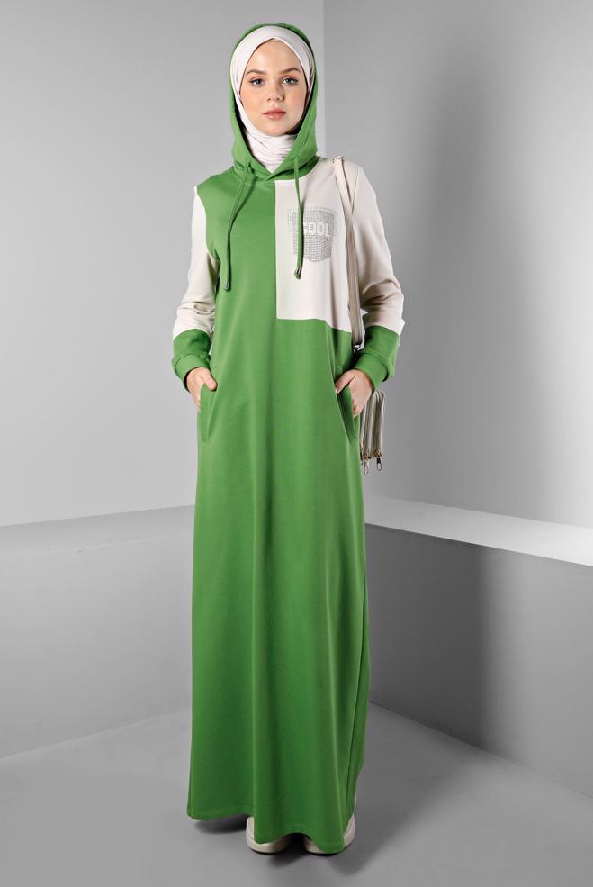 Vêtements hijab VERT ROBE DE SURVÊTEMENT À CAPUCHE IMPRIMÉ GEMME 43411 - ALVİNA