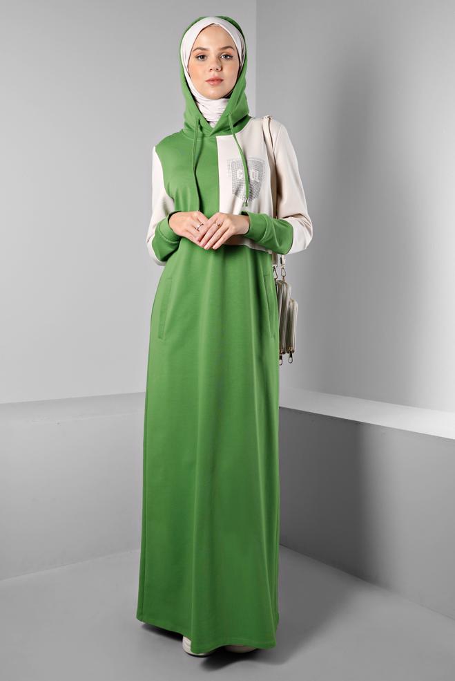 Vêtements hijab VERT ROBE DE SURVÊTEMENT À CAPUCHE IMPRIMÉ GEMME 43411 - ALVİNA