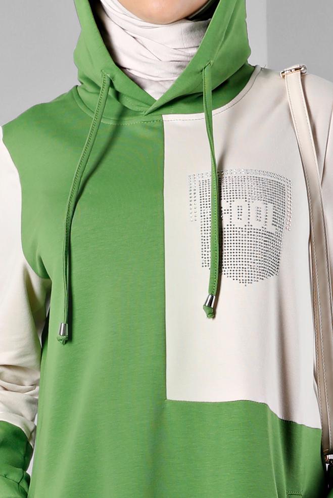 Vêtements hijab VERT ROBE DE SURVÊTEMENT À CAPUCHE IMPRIMÉ GEMME 43411 - ALVİNA