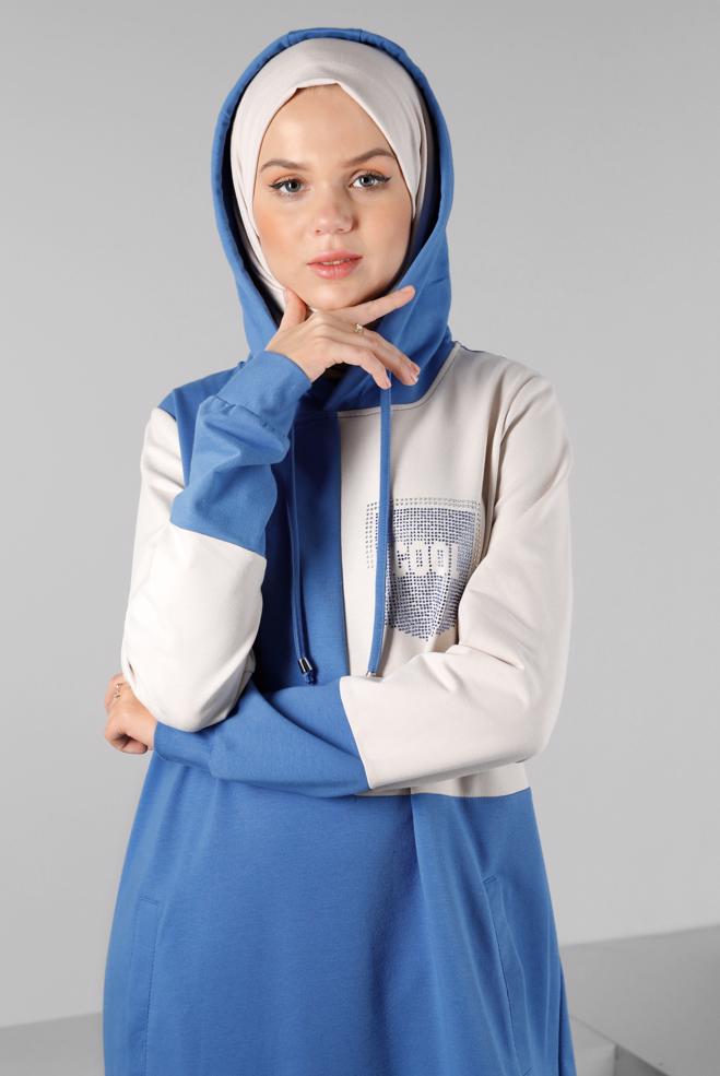 Vêtements hijab BLEU ROBE DE SURVÊTEMENT À CAPUCHE IMPRIMÉ GEMME 43411 - ALVİNA