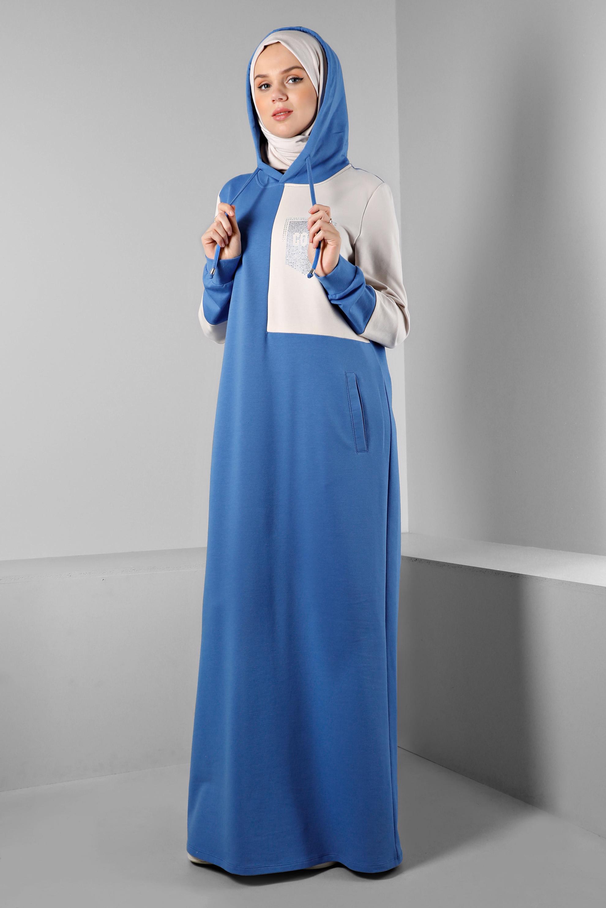 Vêtements hijab BLEU ROBE DE SURVÊTEMENT À CAPUCHE IMPRIMÉ GEMME 43411