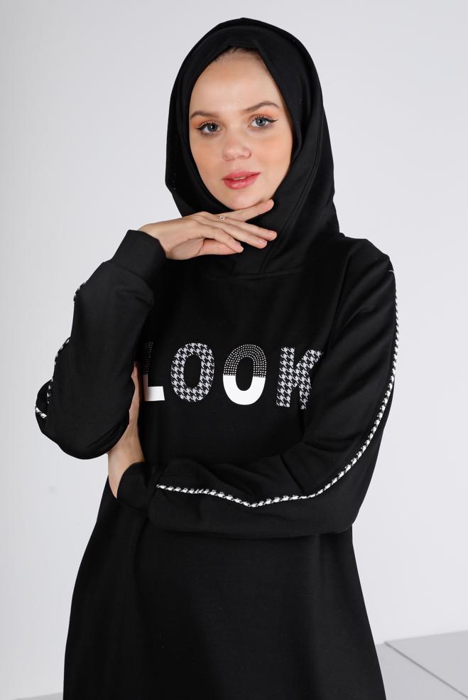 Vêtements hijab NOIR ROBE SURVÊTEMENT IMPRIMÉ À CAPUCHE 43412 - ALVİNA