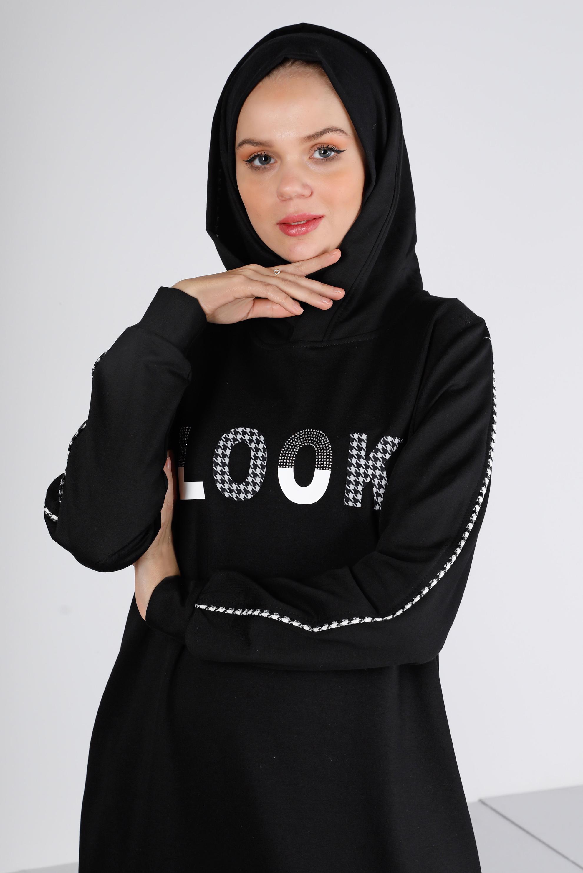 Vêtements hijab NOIR ROBE SURVÊTEMENT IMPRIMÉ À CAPUCHE 43412