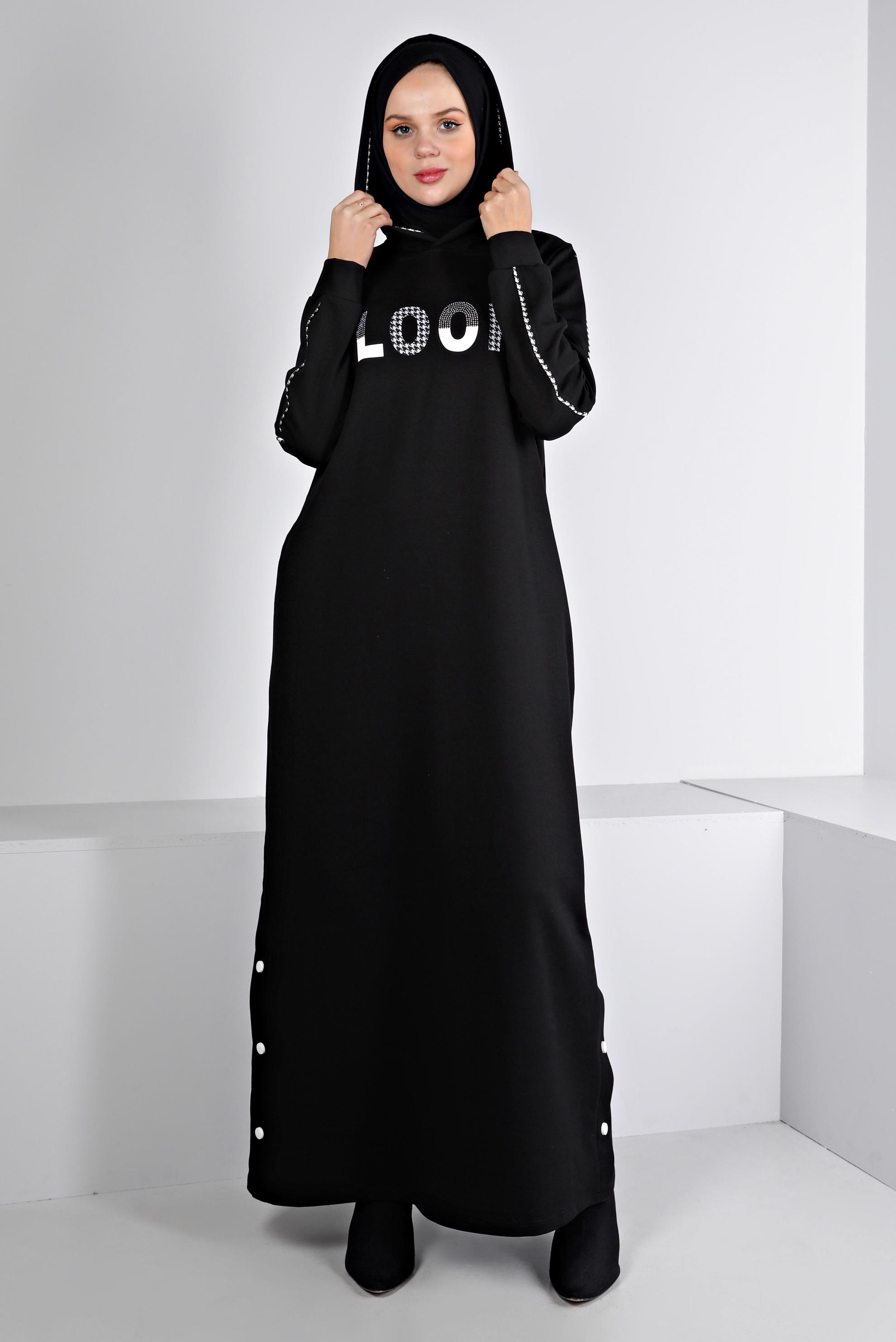 Vêtements hijab NOIR ROBE SURVÊTEMENT IMPRIMÉ À CAPUCHE 43412