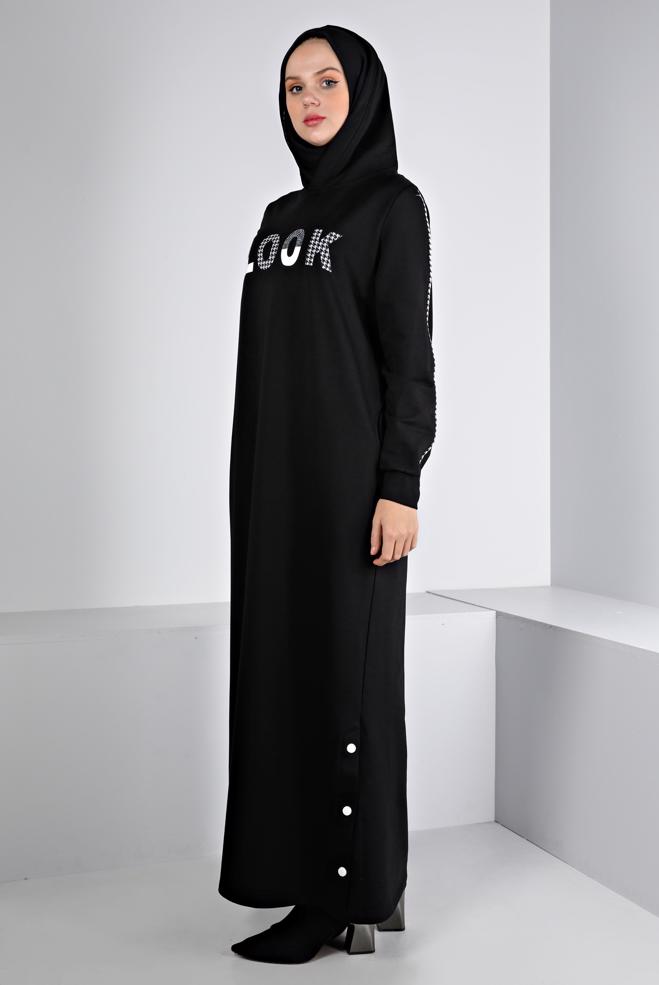 Vêtements hijab NOIR ROBE SURVÊTEMENT IMPRIMÉ À CAPUCHE 43412 - ALVİNA