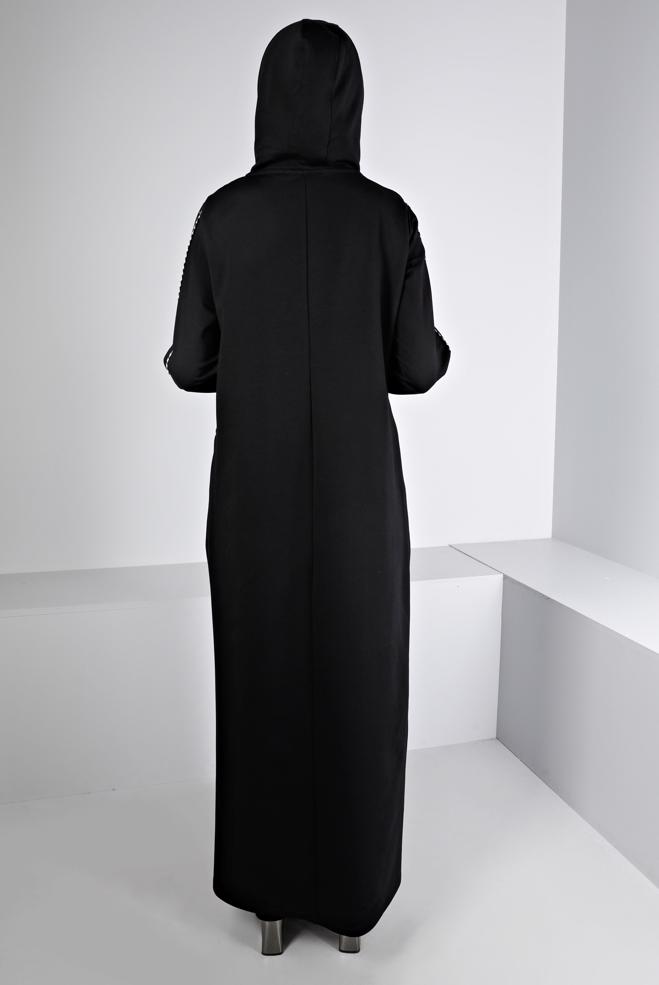 Vêtements hijab NOIR ROBE SURVÊTEMENT IMPRIMÉ À CAPUCHE 43412 - ALVİNA