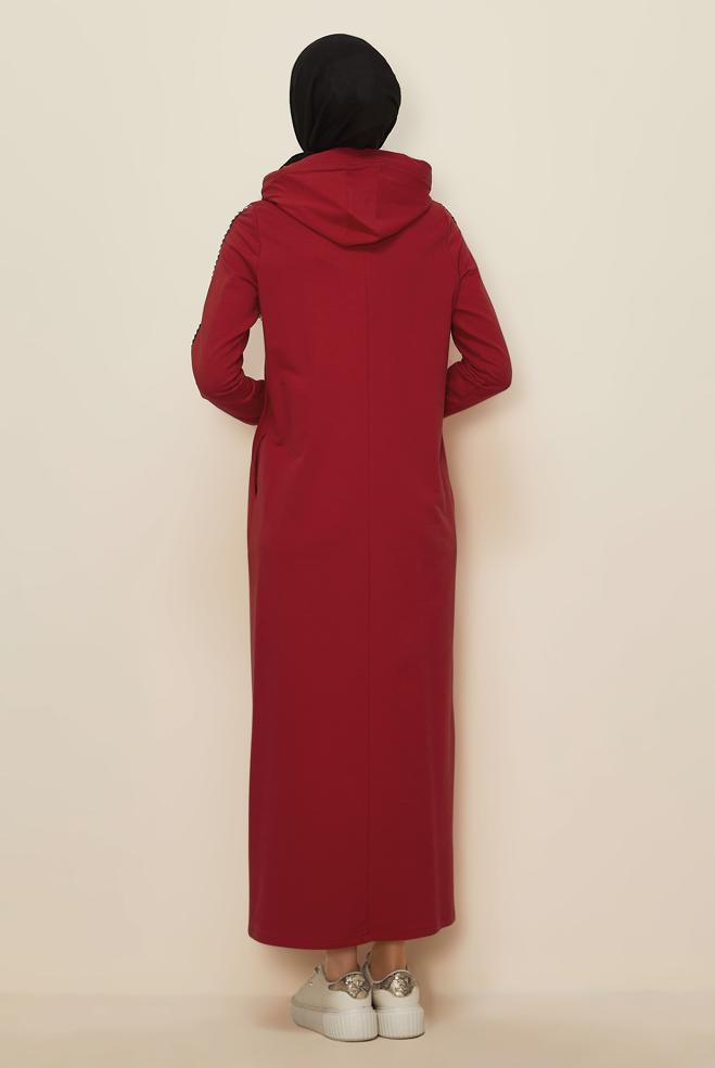 Tesettür giyim KIRMIZI KAPÜŞONLU BASKILI EŞOFMAN ELBİSE 43412  - ALVİNA