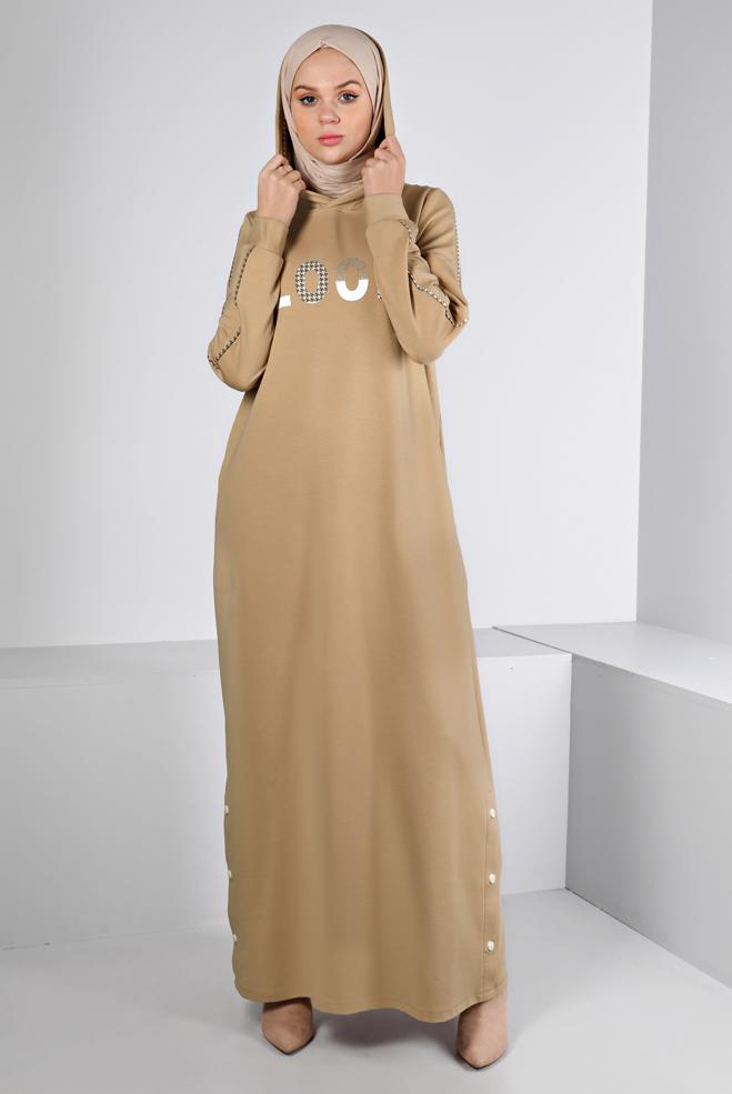 Vêtements hijab BEIGE ROBE SURVÊTEMENT IMPRIMÉ À CAPUCHE 43412 - ALVİNA