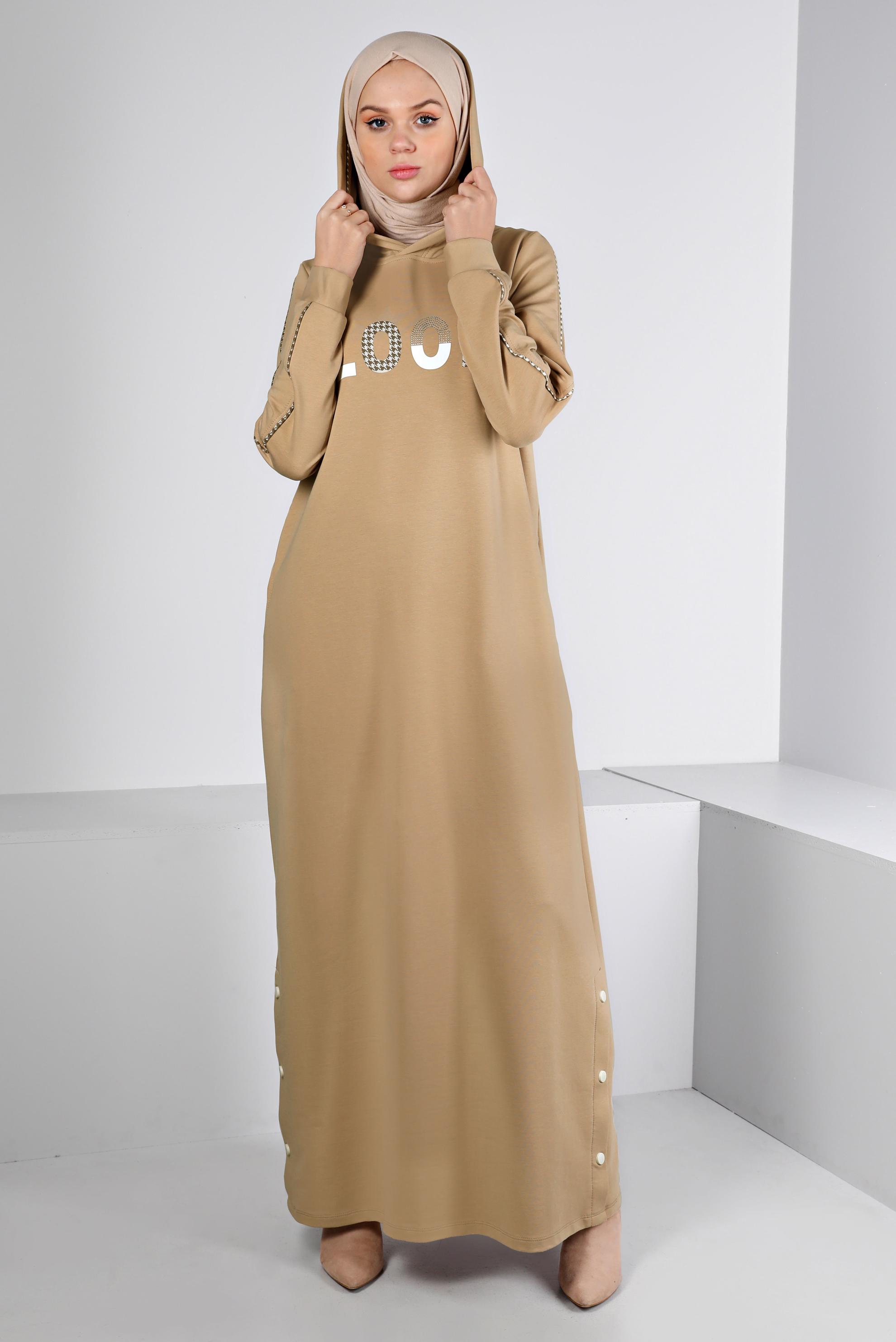 Vêtements hijab BEIGE ROBE SURVÊTEMENT IMPRIMÉ À CAPUCHE 43412