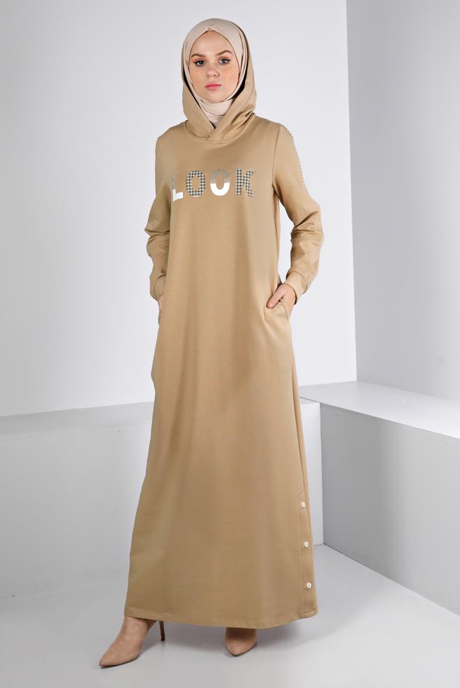 Vêtements hijab BEIGE ROBE SURVÊTEMENT IMPRIMÉ À CAPUCHE 43412 - ALVİNA
