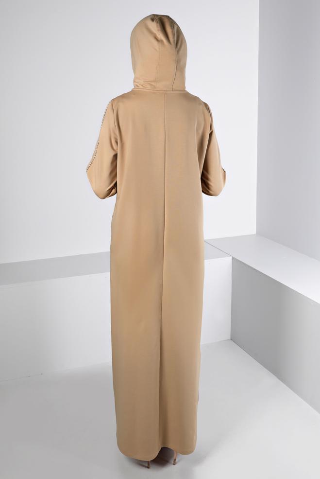 Vêtements hijab BEIGE ROBE SURVÊTEMENT IMPRIMÉ À CAPUCHE 43412 - ALVİNA