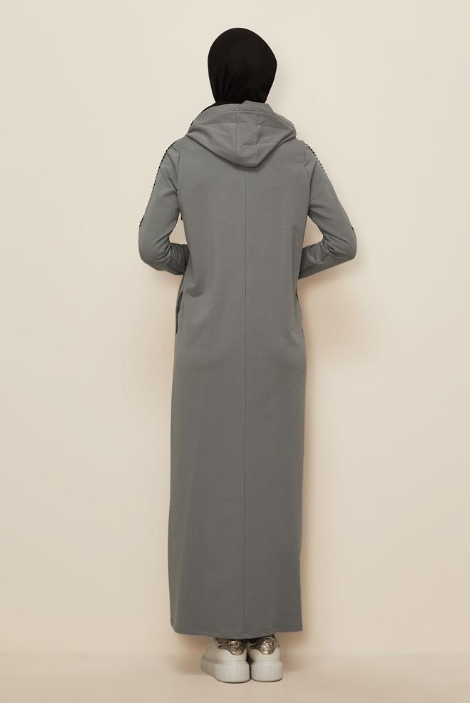 Tesettür giyim GRİ KAPÜŞONLU BASKILI EŞOFMAN ELBİSE 43412  - ALVİNA