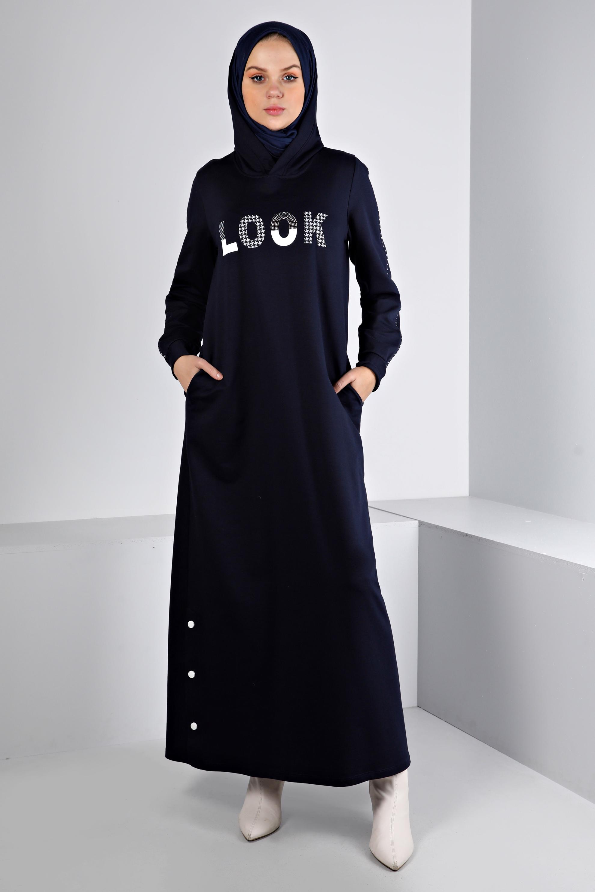 Vêtements hijab BLEU MARINE ROBE SURVÊTEMENT IMPRIMÉ À CAPUCHE 43412