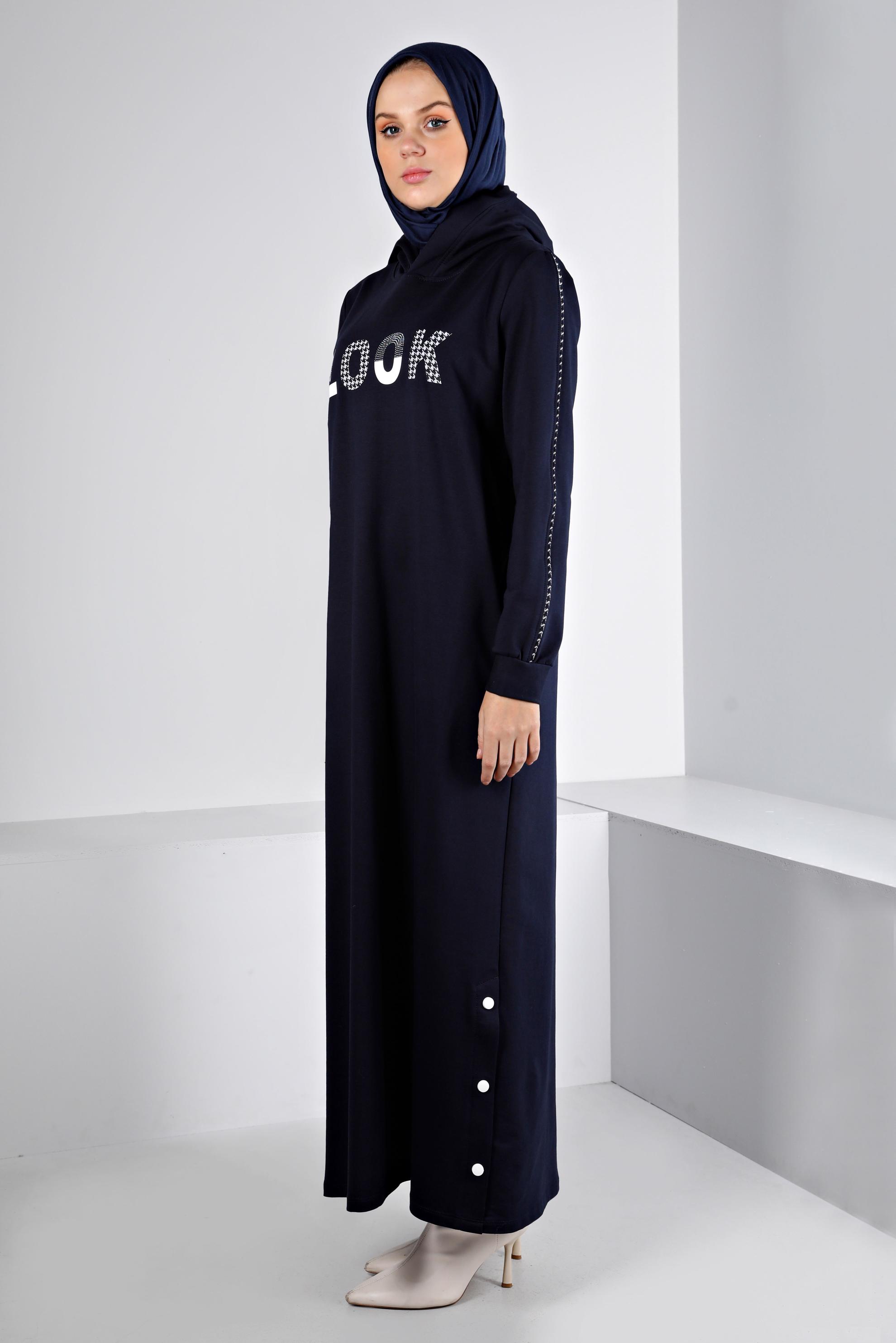 Vêtements hijab BLEU MARINE ROBE SURVÊTEMENT IMPRIMÉ À CAPUCHE 43412