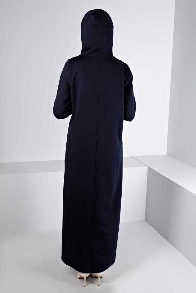 Vêtements hijab BLEU MARINE ROBE SURVÊTEMENT IMPRIMÉ À CAPUCHE 43412 - ALVİNA