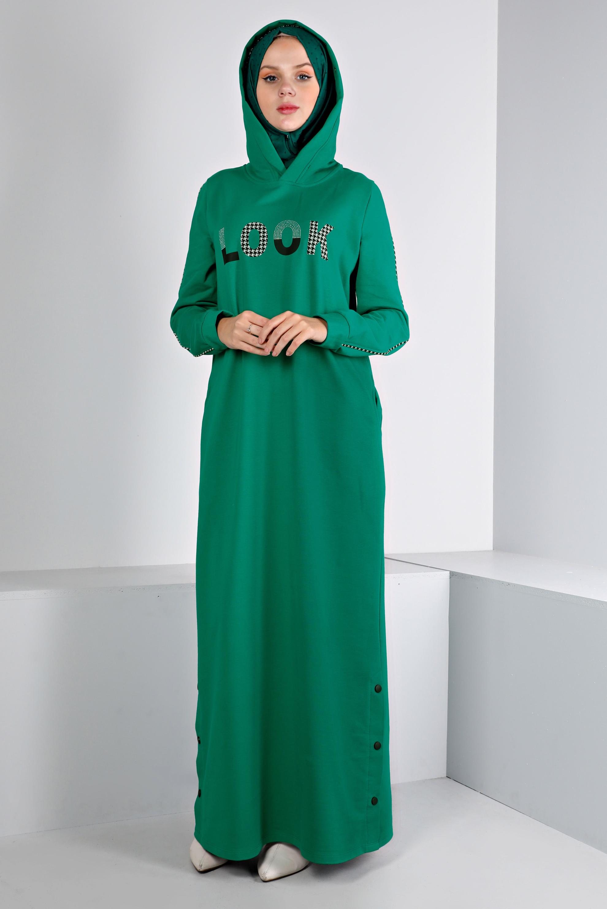 Vêtements hijab VERT ROBE SURVÊTEMENT IMPRIMÉ À CAPUCHE 43412