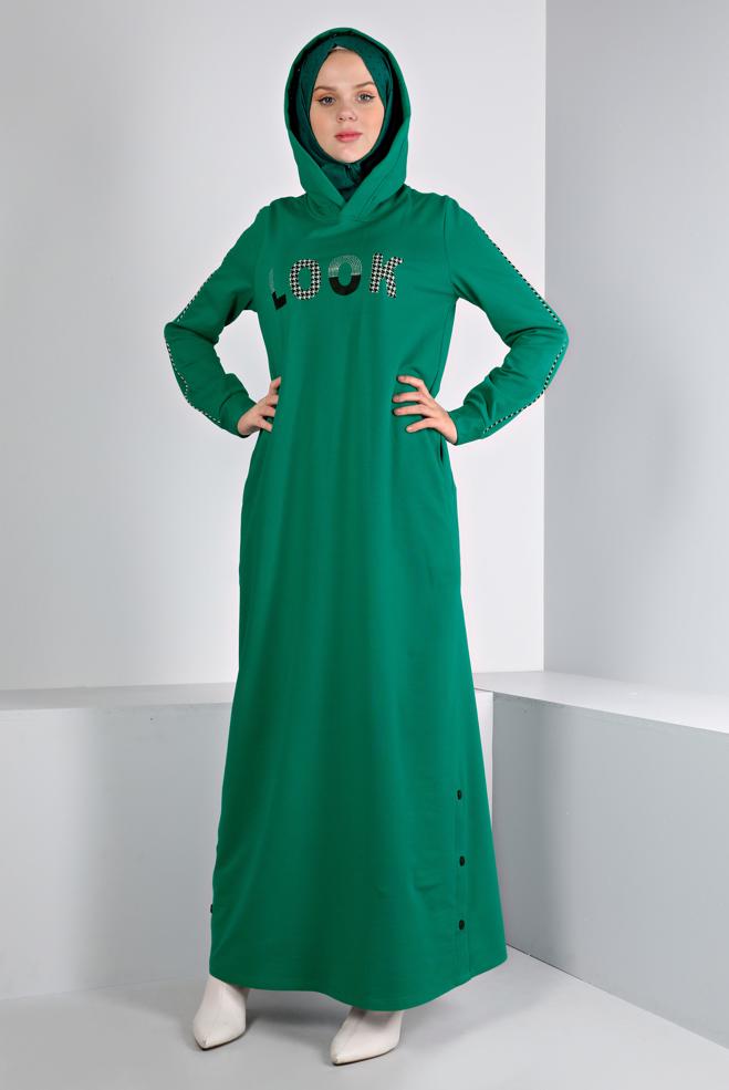 Vêtements hijab VERT ROBE SURVÊTEMENT IMPRIMÉ À CAPUCHE 43412 - ALVİNA