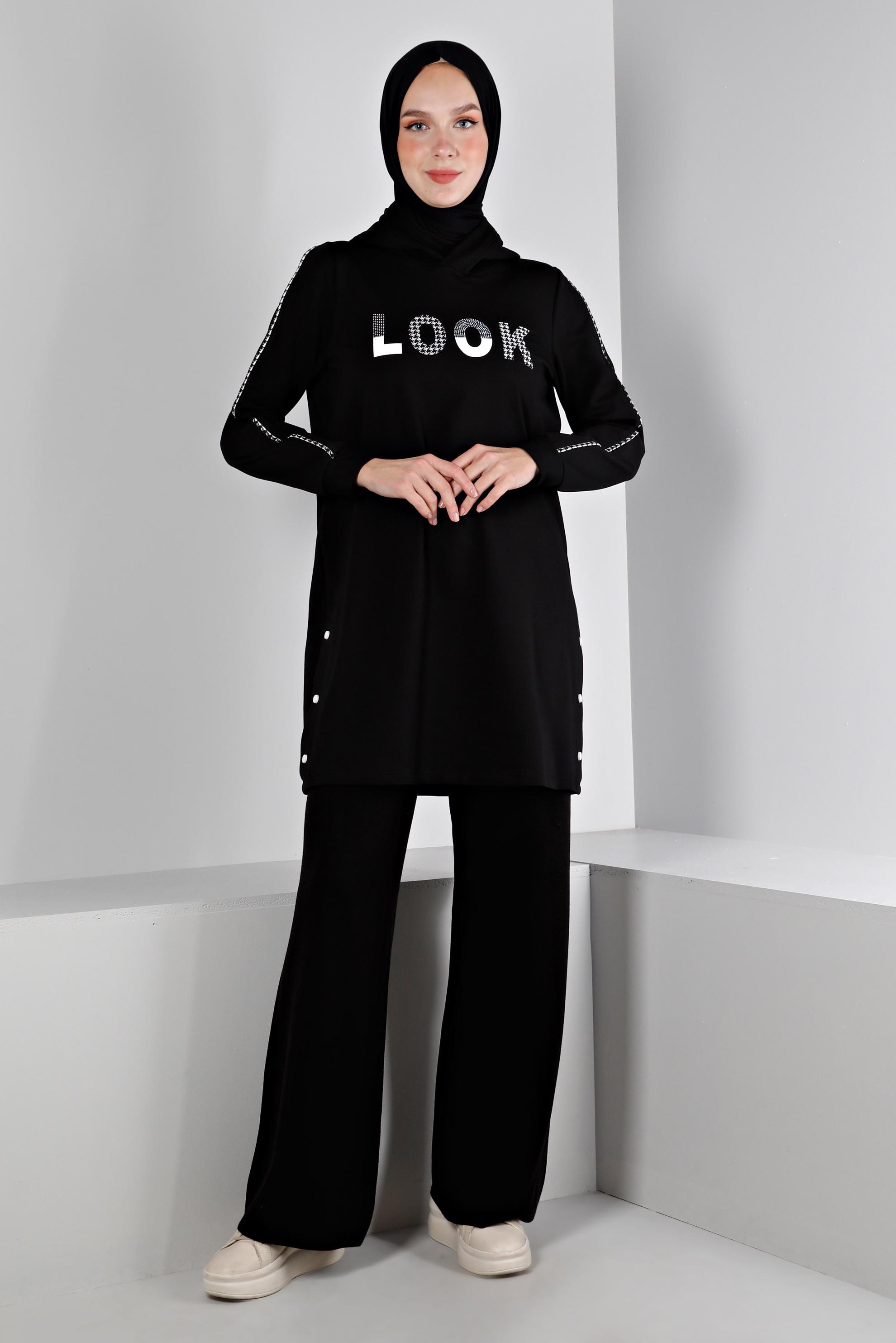 Tesettür giyim SİYAH YAZI DETAYLI KAPÜŞONLU EŞOFMAN TUNİK 43443 