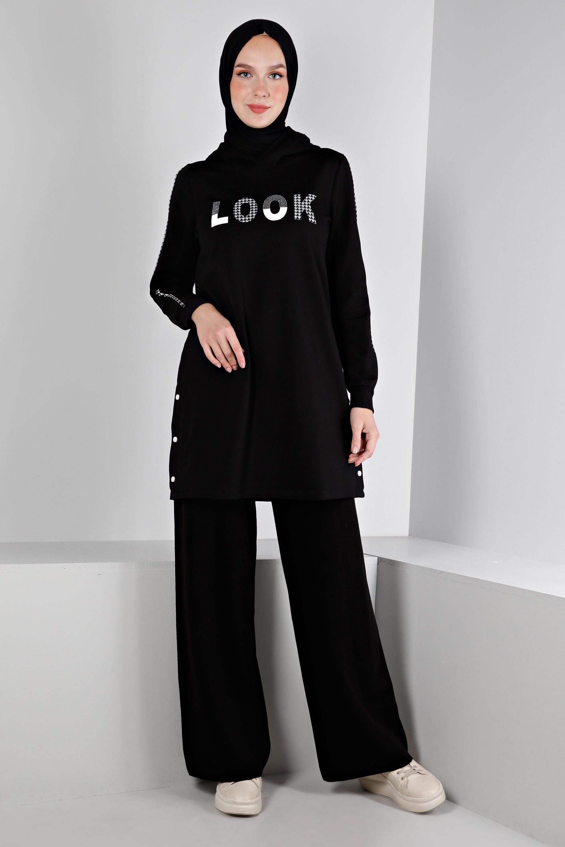 Tesettür giyim SİYAH YAZI DETAYLI KAPÜŞONLU EŞOFMAN TUNİK 43443 