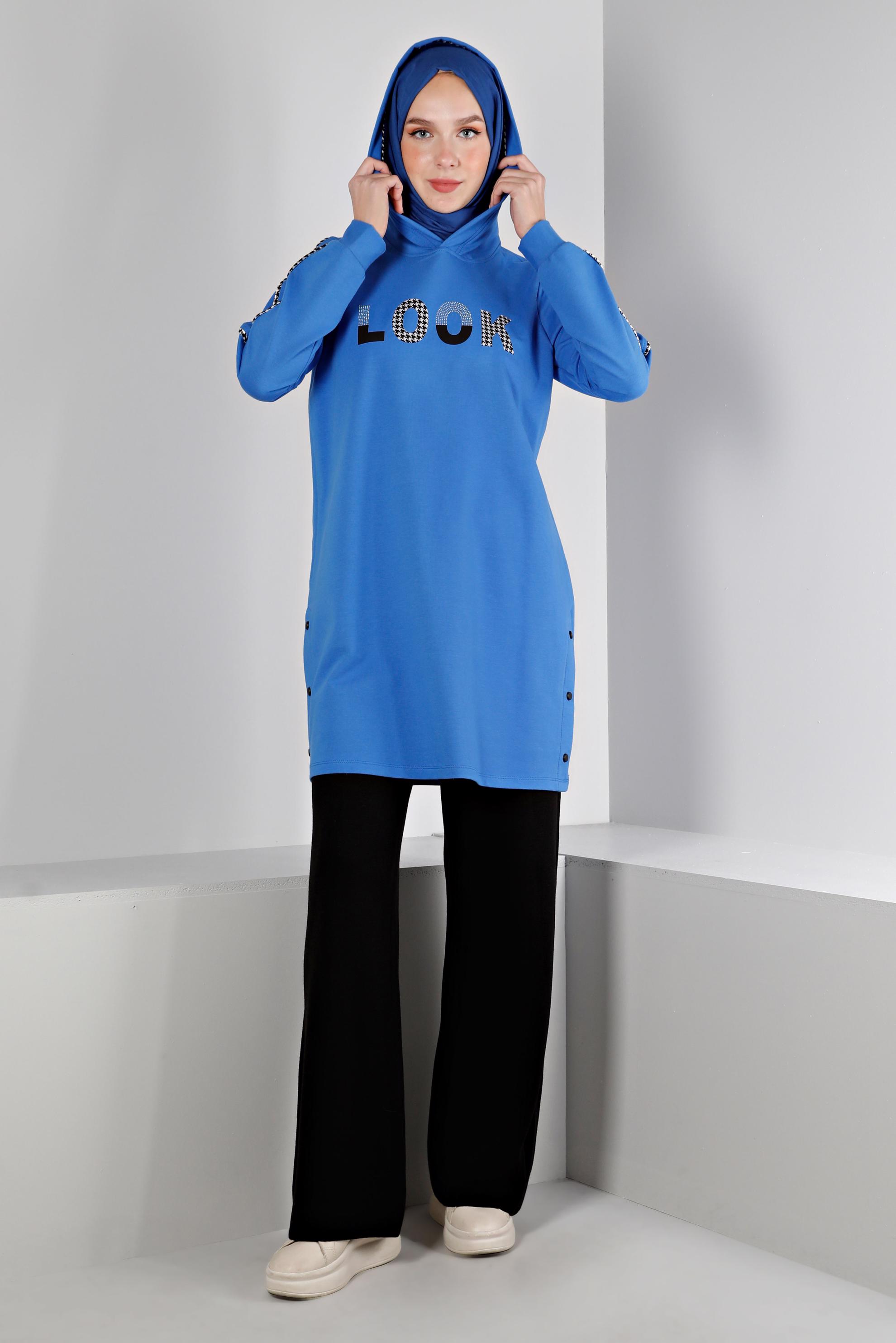 Tesettür giyim MAVİ YAZI DETAYLI KAPÜŞONLU EŞOFMAN TUNİK 43443 