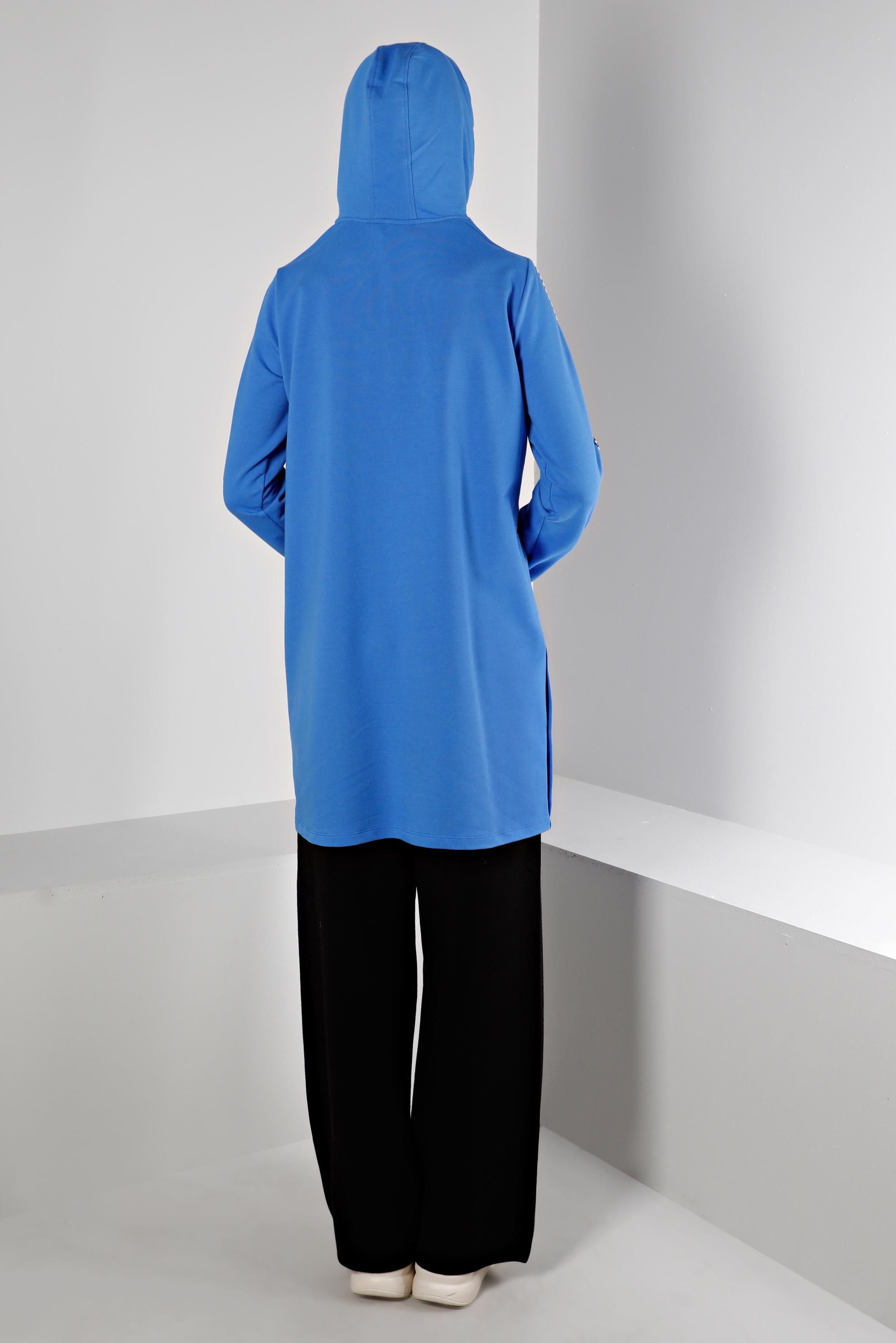 Tesettür giyim MAVİ YAZI DETAYLI KAPÜŞONLU EŞOFMAN TUNİK 43443 
