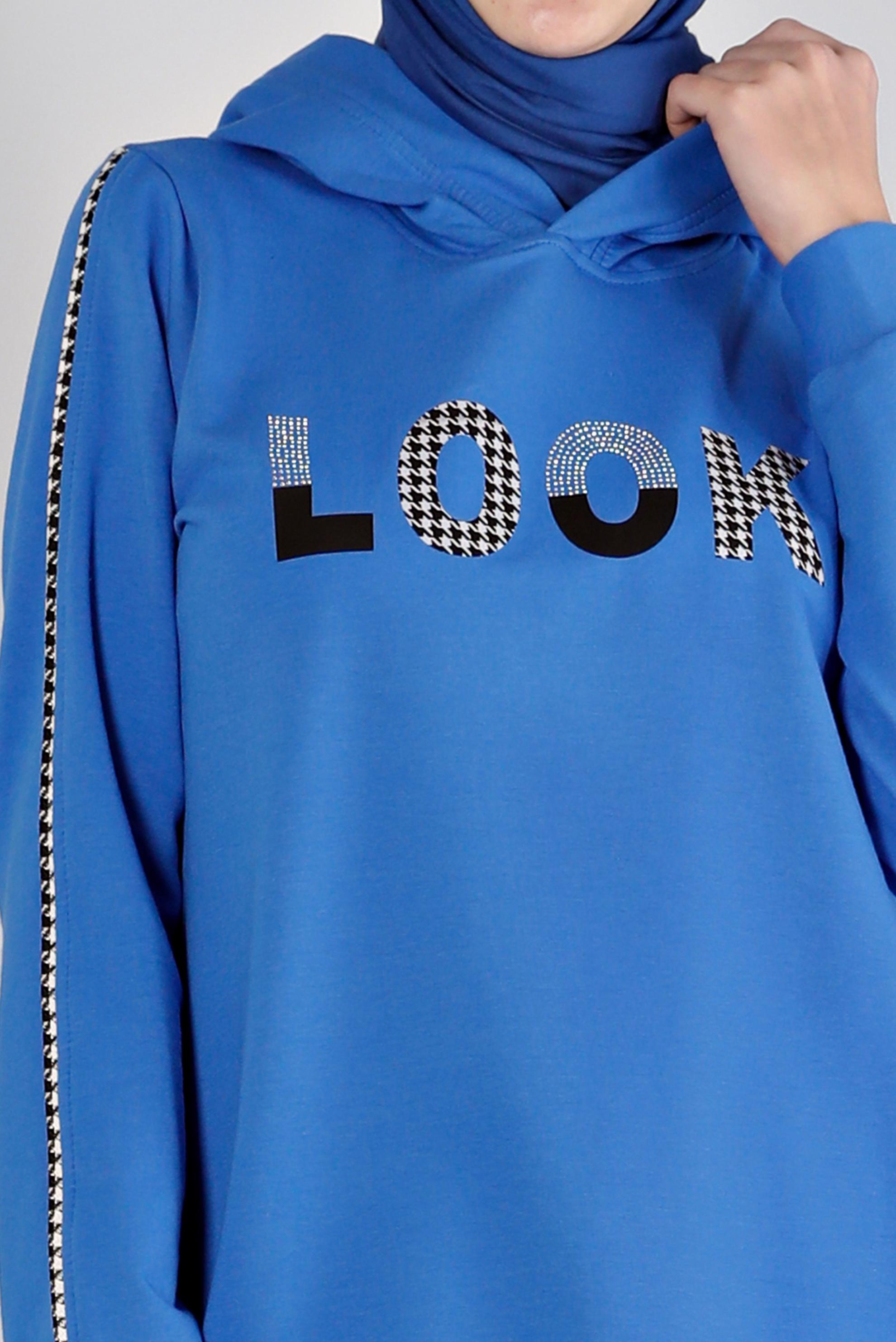 Tesettür giyim MAVİ YAZI DETAYLI KAPÜŞONLU EŞOFMAN TUNİK 43443 