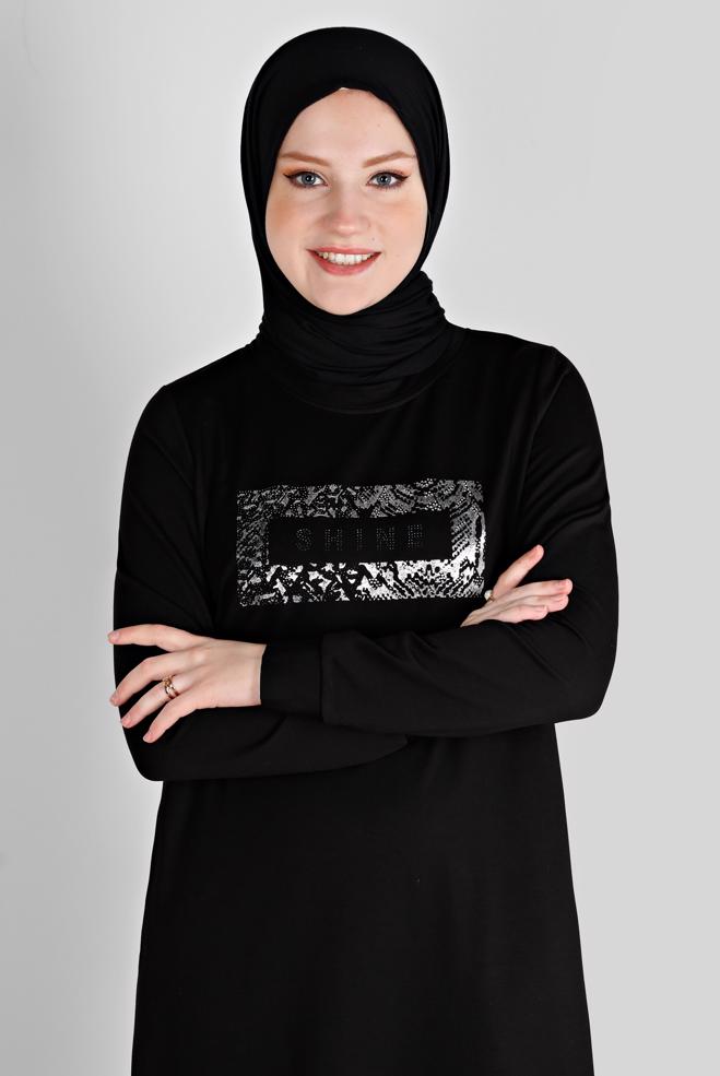 Vêtements hijab NOIR ROBE DE SURVÊTEMENT IMPRIMÉ SLOGAN 43445 - ALVİNA