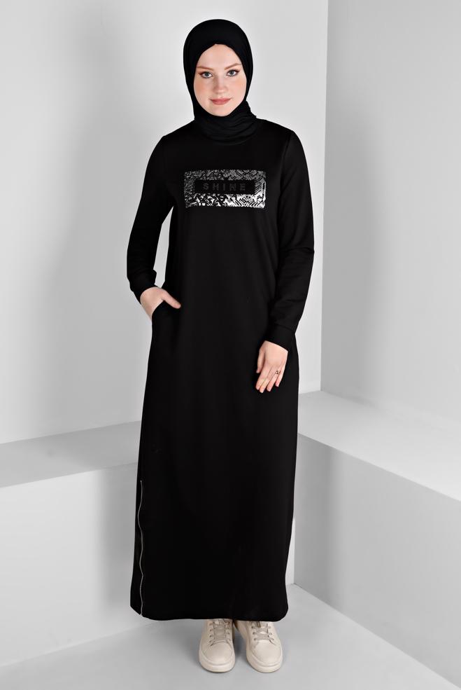 Vêtements hijab NOIR ROBE DE SURVÊTEMENT IMPRIMÉ SLOGAN 43445 - ALVİNA