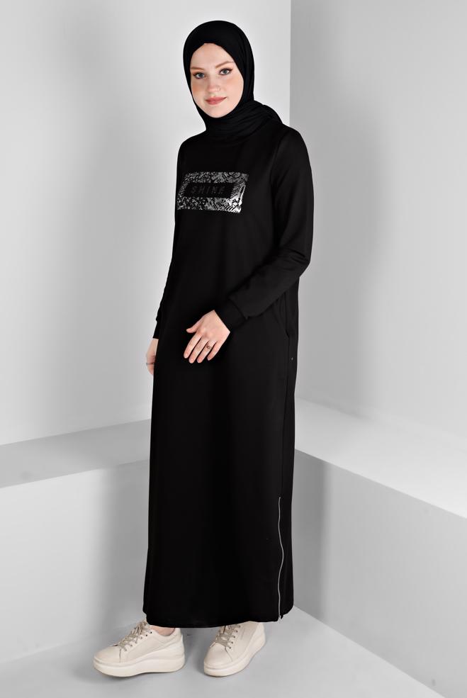 Vêtements hijab NOIR ROBE DE SURVÊTEMENT IMPRIMÉ SLOGAN 43445 - ALVİNA