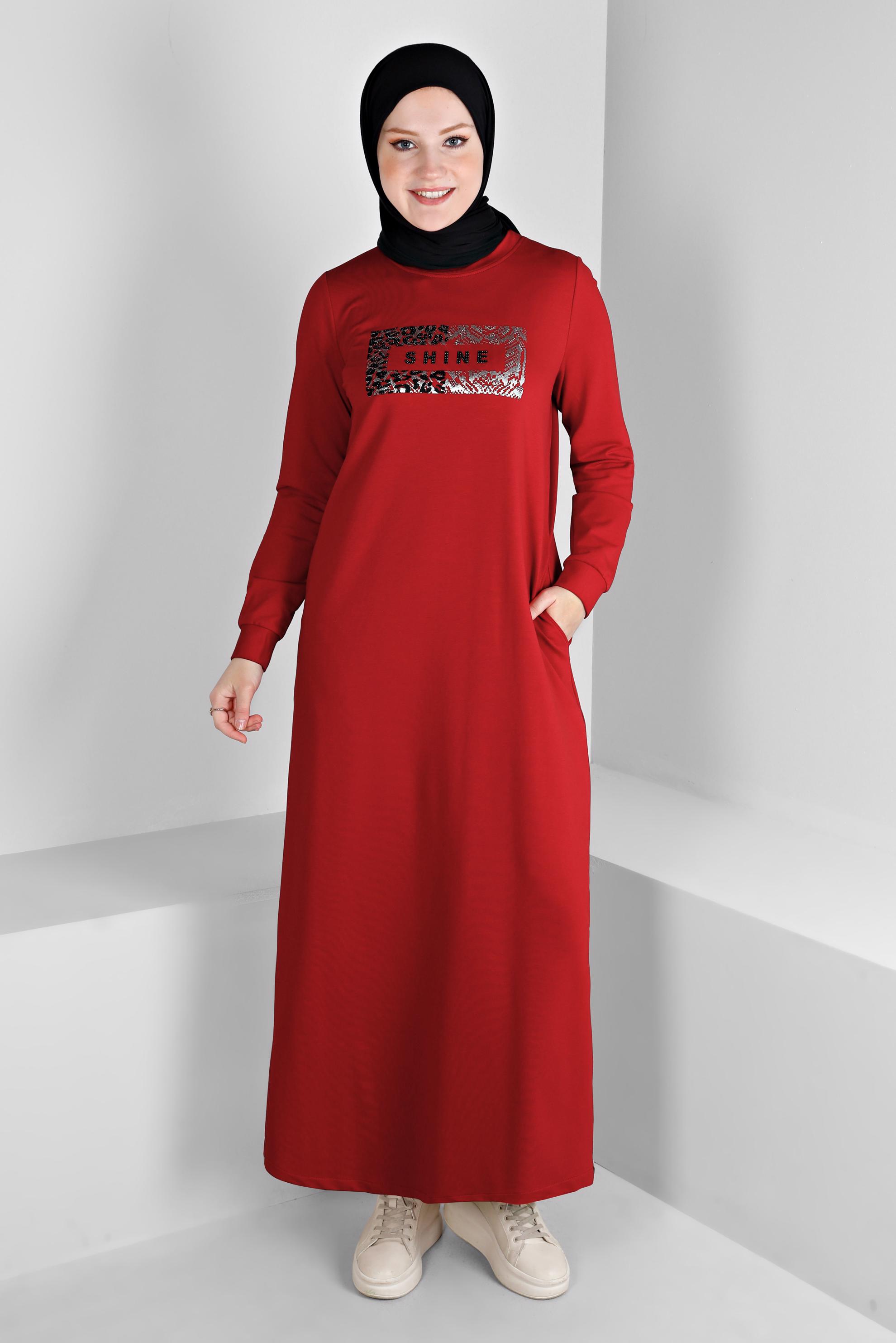 Vêtements hijab ROUGE ROBE DE SURVÊTEMENT IMPRIMÉ SLOGAN 43445