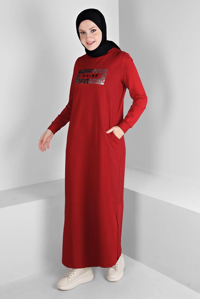 Vêtements hijab ROUGE ROBE DE SURVÊTEMENT IMPRIMÉ SLOGAN 43445 - ALVİNA