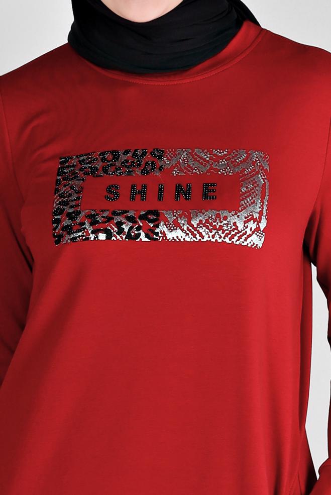 Vêtements hijab ROUGE ROBE DE SURVÊTEMENT IMPRIMÉ SLOGAN 43445 - ALVİNA