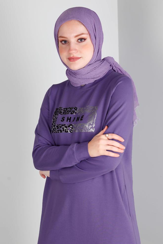 Vêtements hijab POURPRE ROBE DE SURVÊTEMENT IMPRIMÉ SLOGAN 43445 - ALVİNA