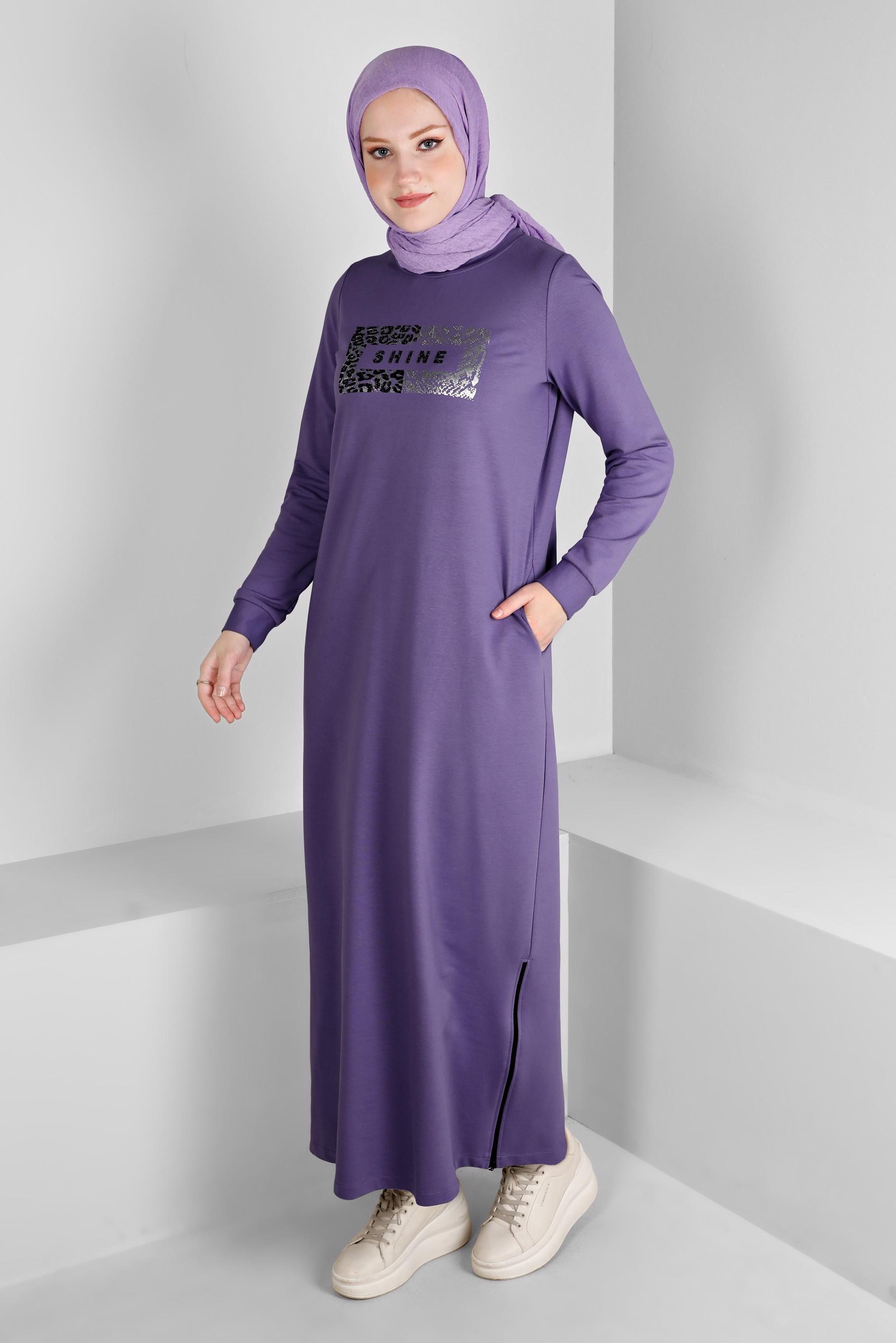 Vêtements hijab POURPRE ROBE DE SURVÊTEMENT IMPRIMÉ SLOGAN 43445