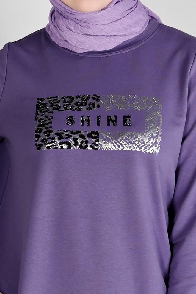 Vêtements hijab POURPRE ROBE DE SURVÊTEMENT IMPRIMÉ SLOGAN 43445 - ALVİNA